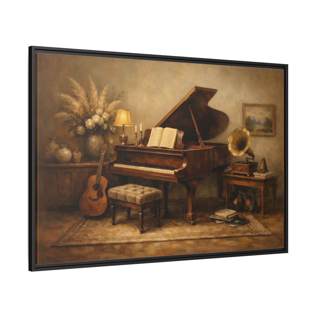 Side Mockup 12. Vintage Grand Piano Brown And Beige shown as stretched canvas wall art