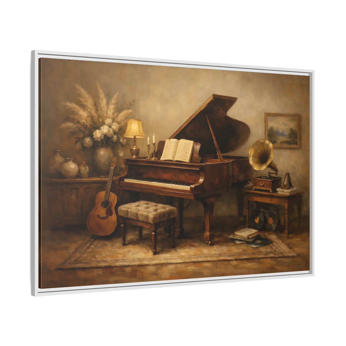 Side Mockup 7. Vintage Grand Piano Brown And Beige shown as stretched canvas wall art