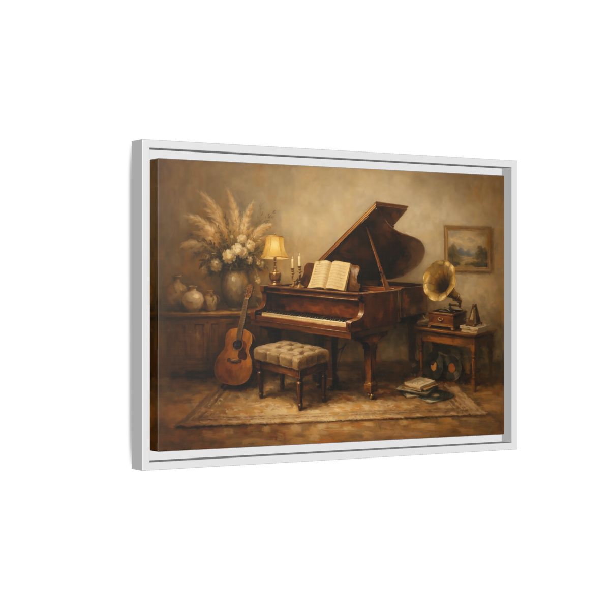 Side Mockup 1. Vintage Grand Piano Brown And Beige shown as stretched canvas wall art