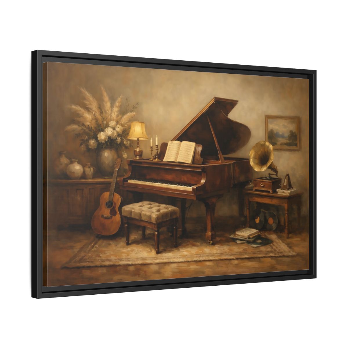 Side Mockup 14. Vintage Grand Piano Brown And Beige shown as stretched canvas wall art