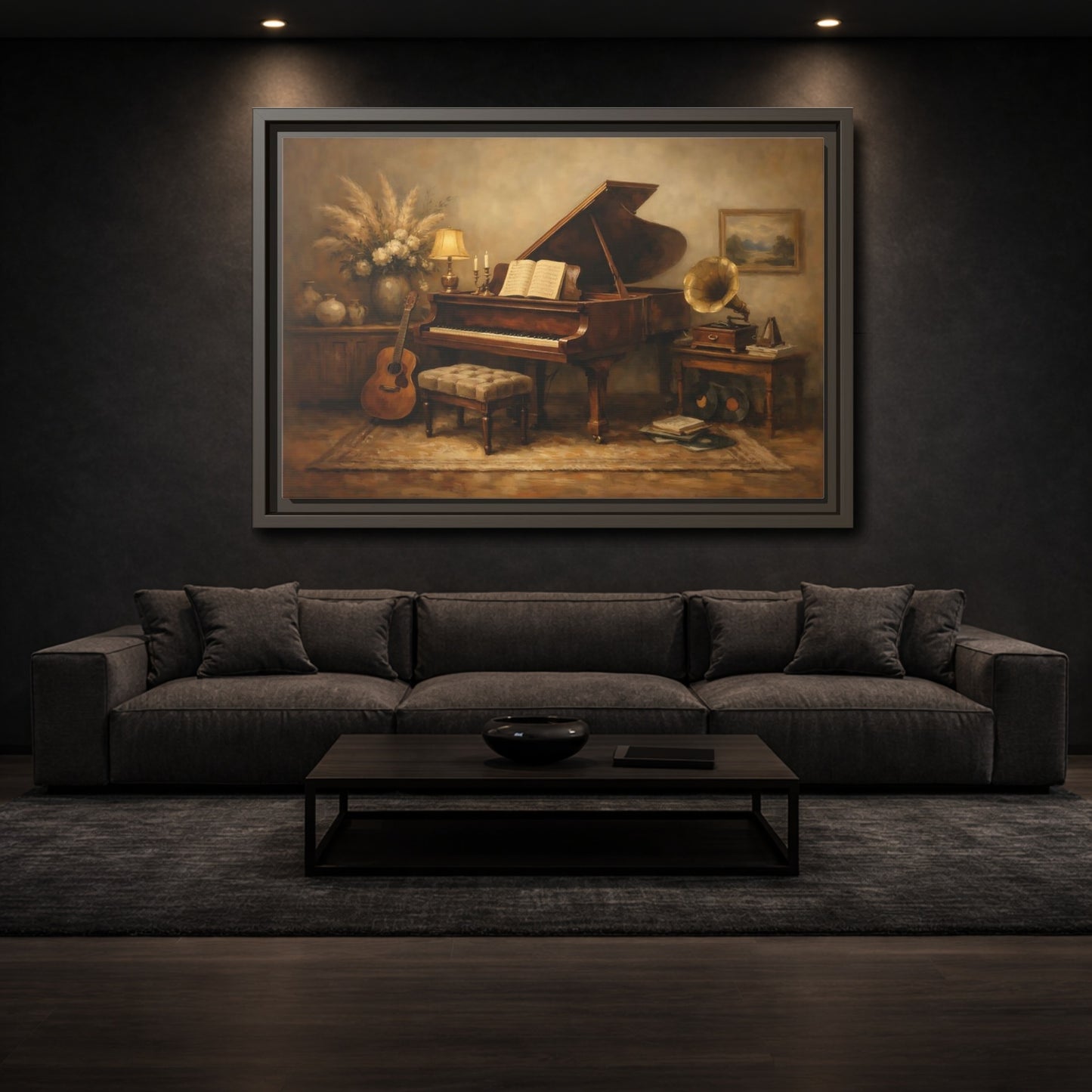 Mockup 2. Vintage Grand Piano Brown And Beige shown as stretched canvas wall art