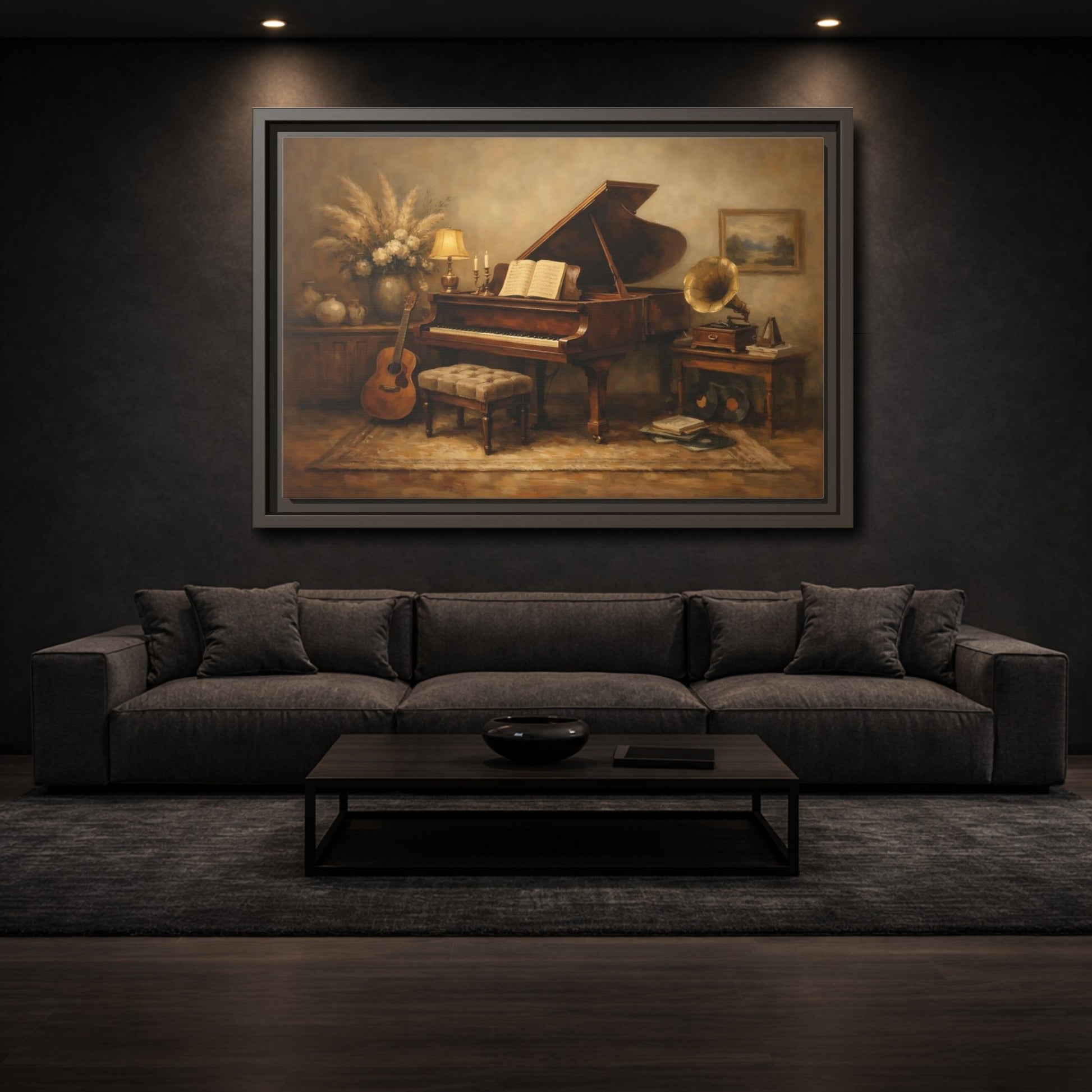 Mockup 2. Vintage Grand Piano Brown And Beige shown as stretched canvas wall art