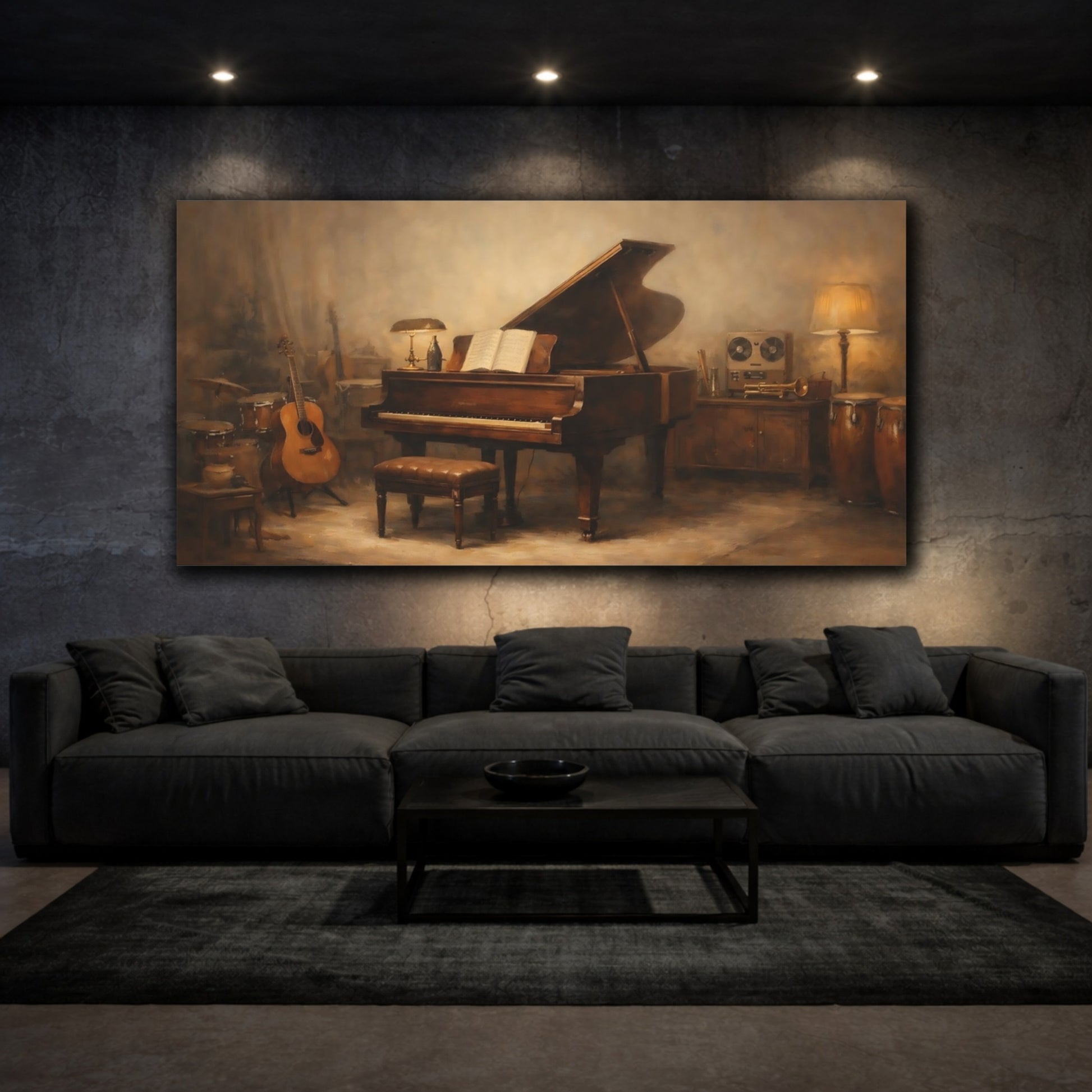 Mockup 2. Vintage Grand Piano Brown And Beige shown as stretched canvas wall art