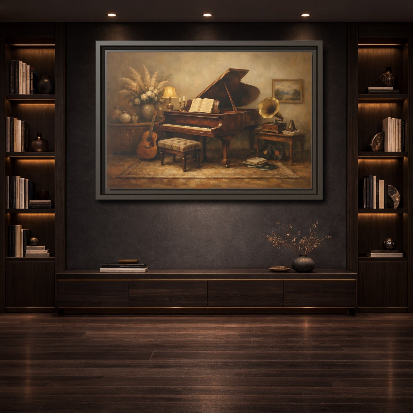 Mockup 3. Vintage Grand Piano Brown And Beige shown as stretched canvas wall art