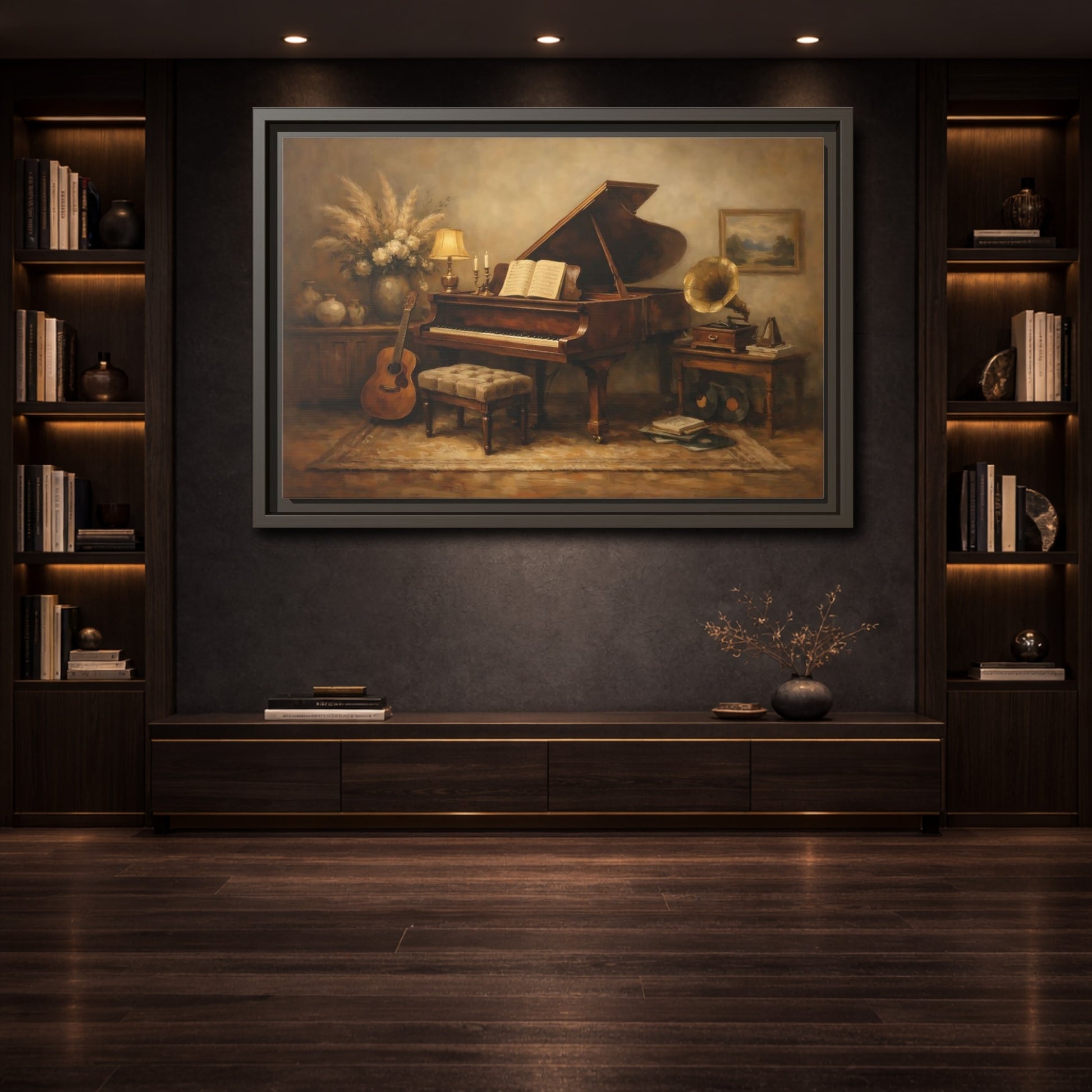 Mockup 3. Vintage Grand Piano Brown And Beige shown as stretched canvas wall art