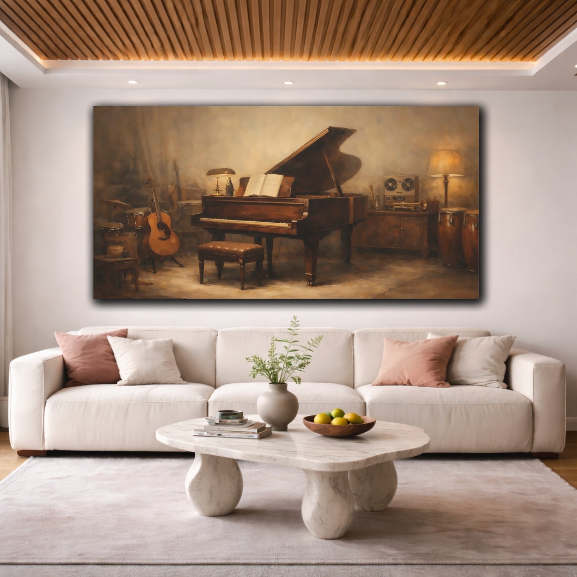 Mockup 3. Vintage Grand Piano Brown And Beige shown as stretched canvas wall art