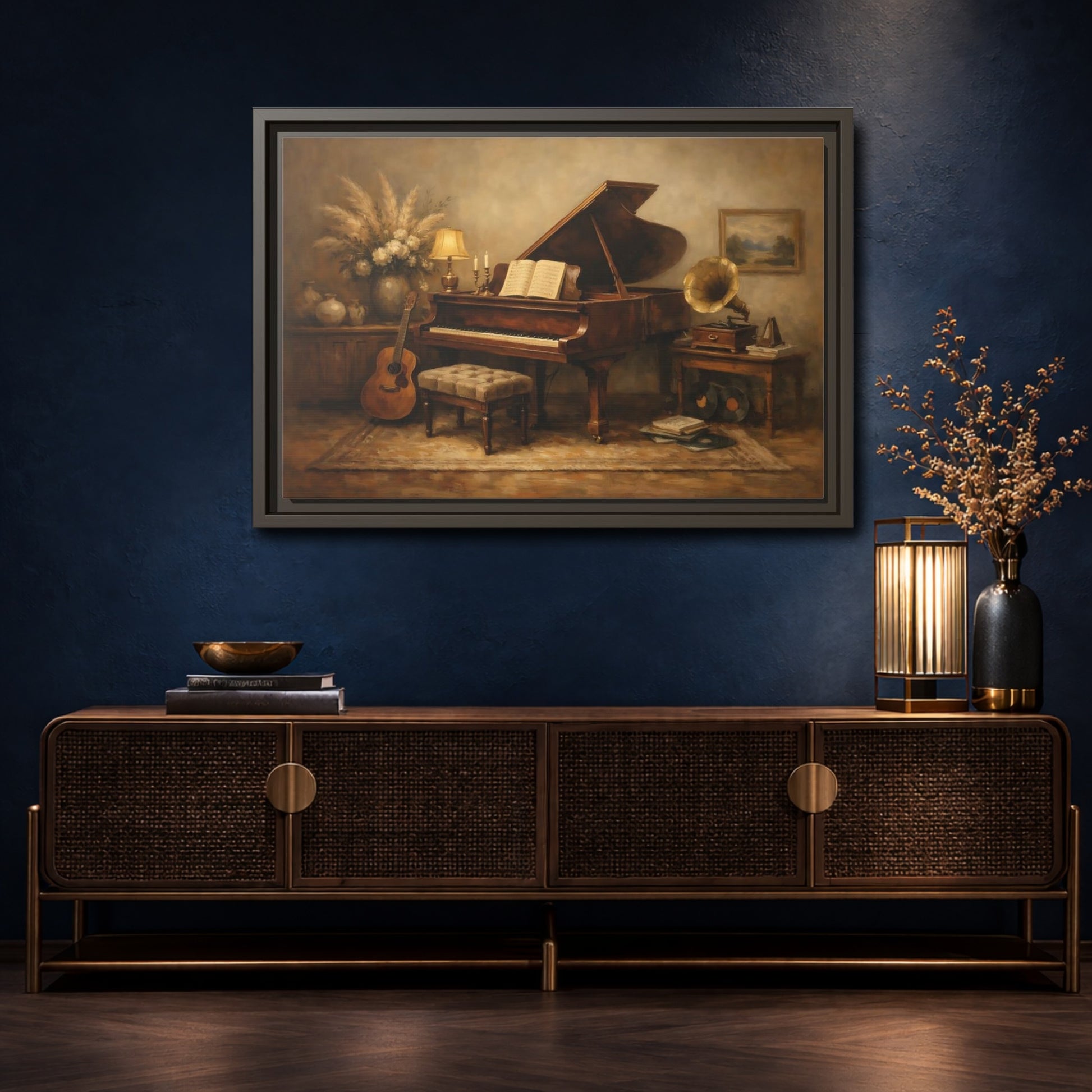 Mockup 4. Vintage Grand Piano Brown And Beige shown as stretched canvas wall art