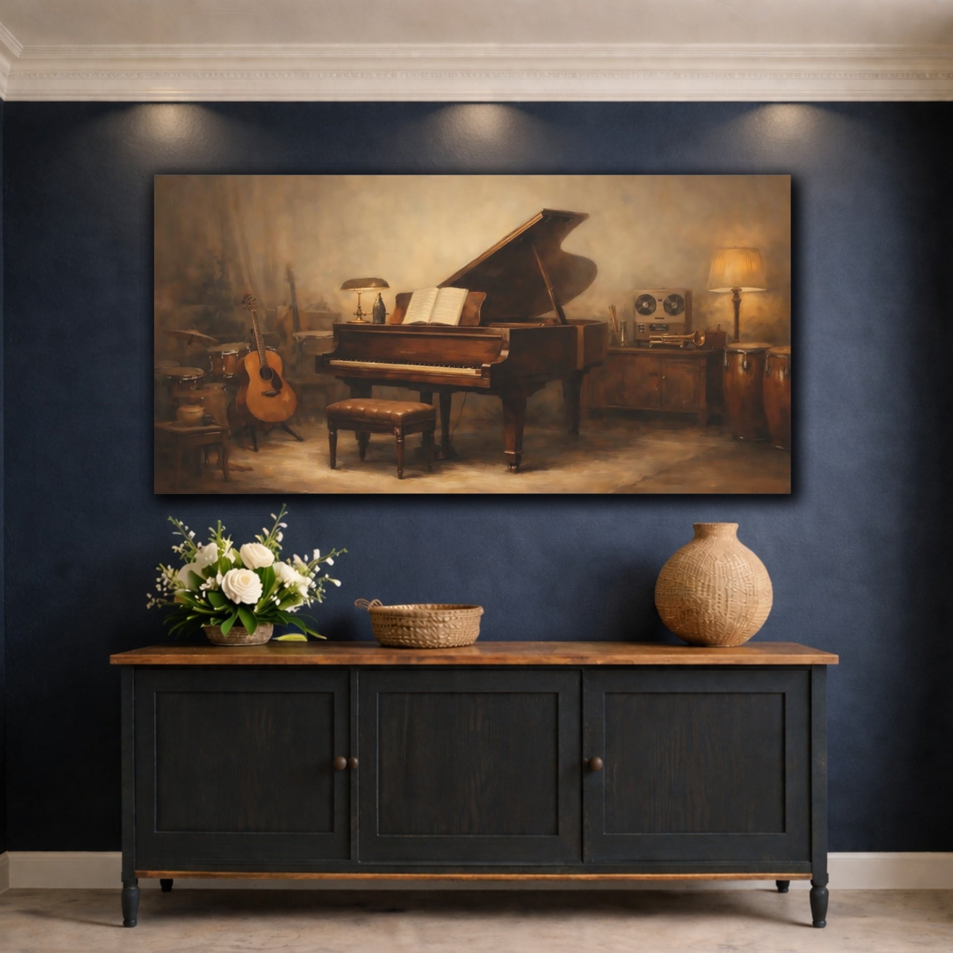 Mockup 4. Vintage Grand Piano Brown And Beige shown as stretched canvas wall art