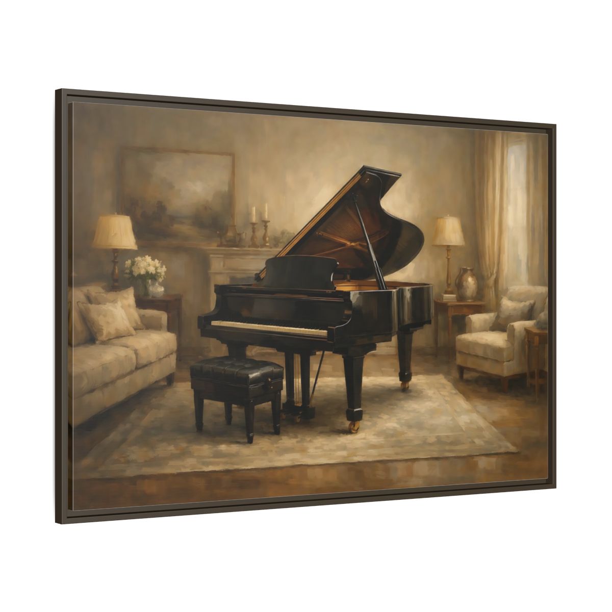 Main Mockup. Vintage Grand Piano Brown And Black shown as stretched canvas wall art