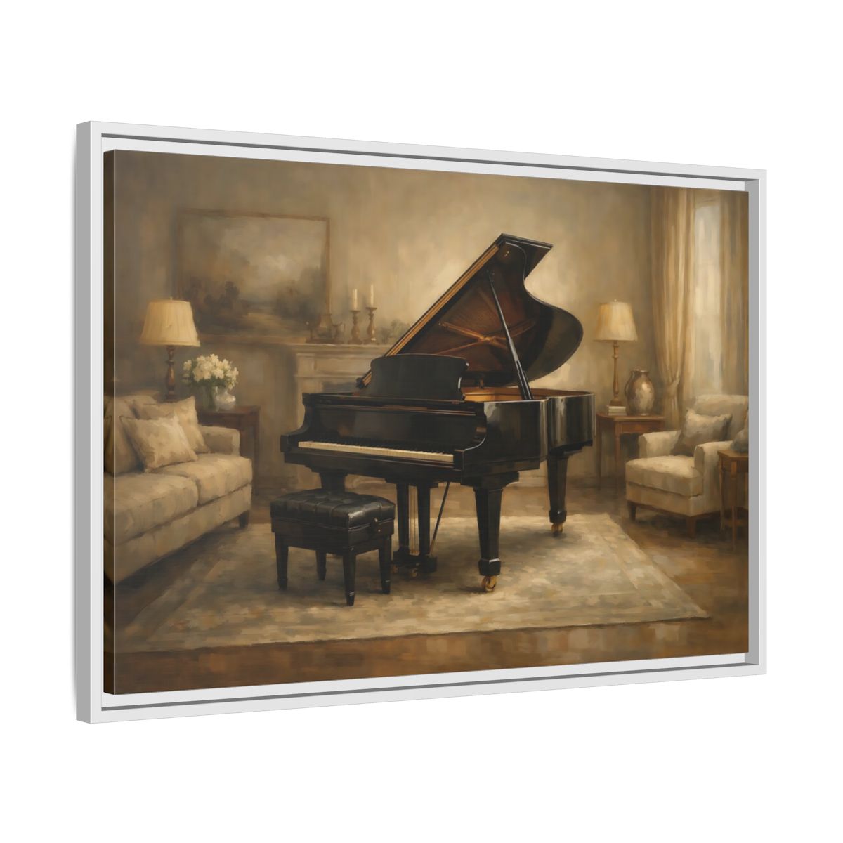 Side Mockup 10. Vintage Grand Piano Brown And Black shown as stretched canvas wall art