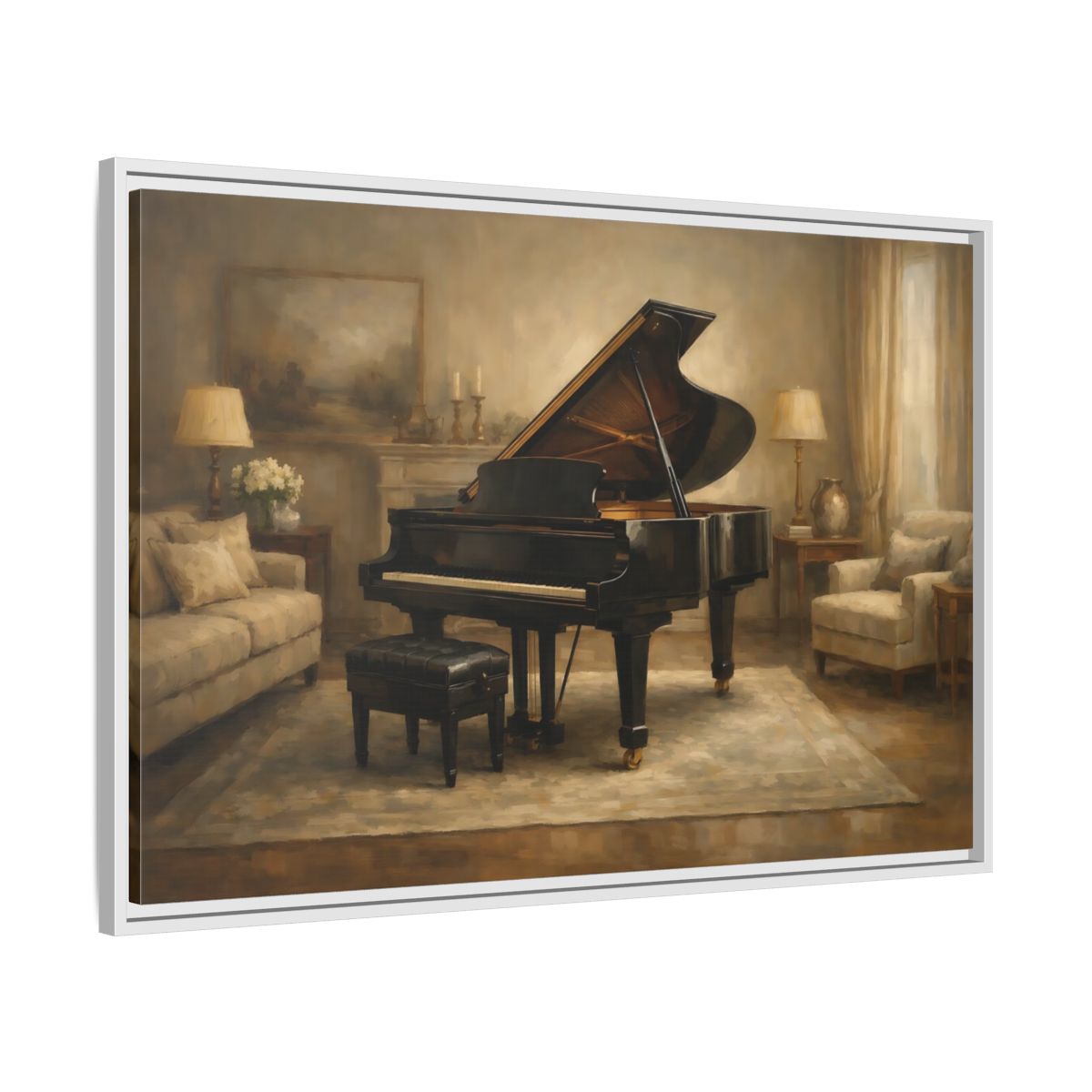 Side Mockup 8. Vintage Grand Piano Brown And Black shown as stretched canvas wall art