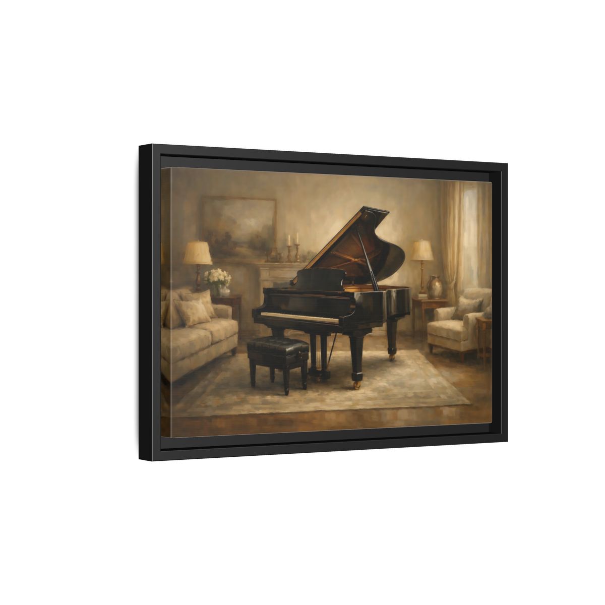 Side Mockup 6. Vintage Grand Piano Brown And Black shown as stretched canvas wall art