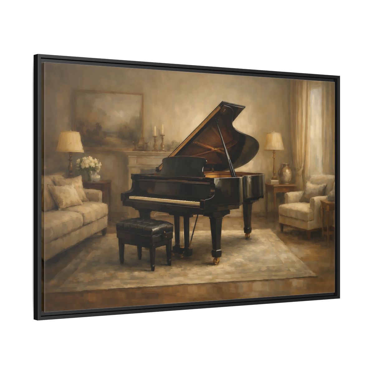 Side Mockup 12. Vintage Grand Piano Brown And Black shown as stretched canvas wall art