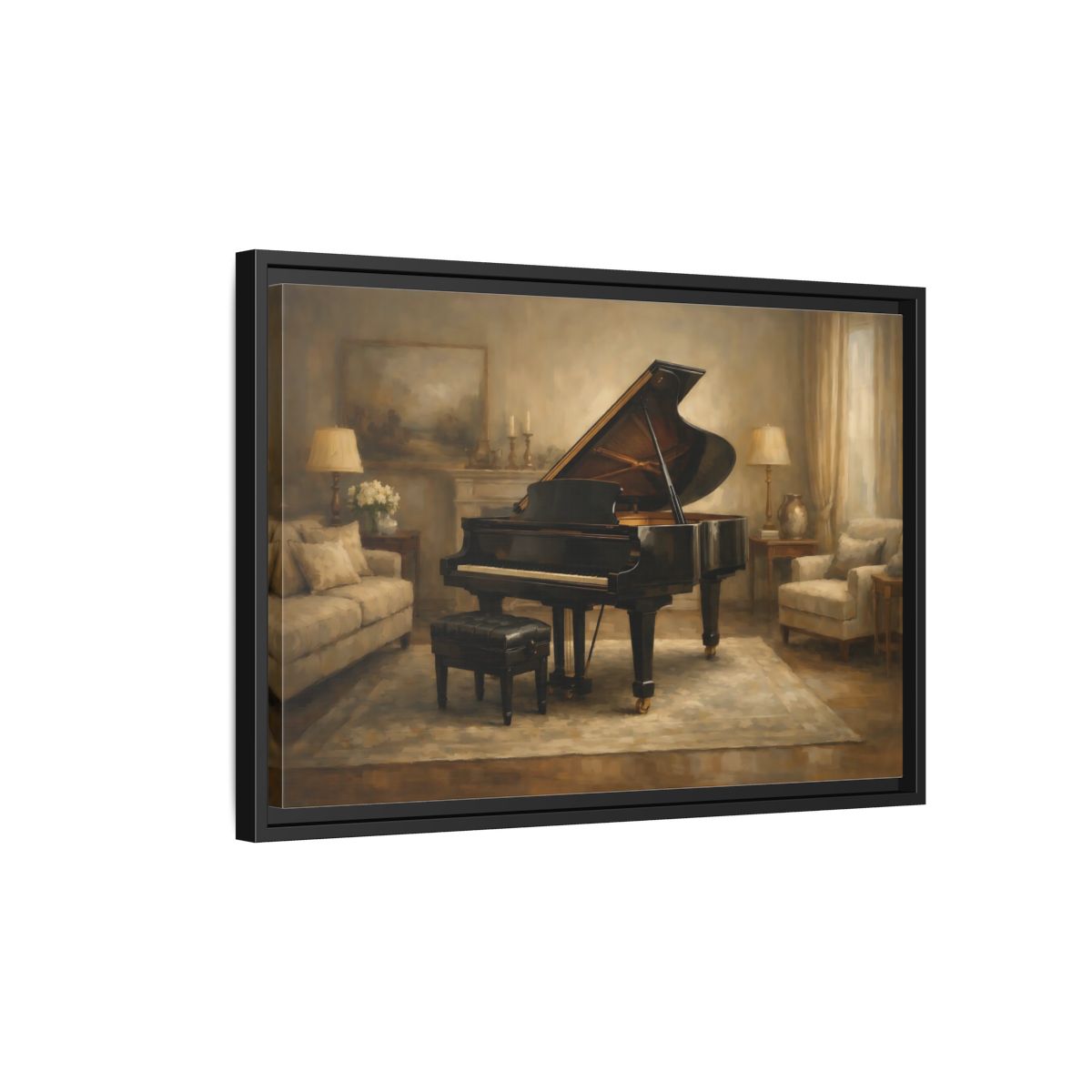 Side Mockup 3. Vintage Grand Piano Brown And Black shown as stretched canvas wall art