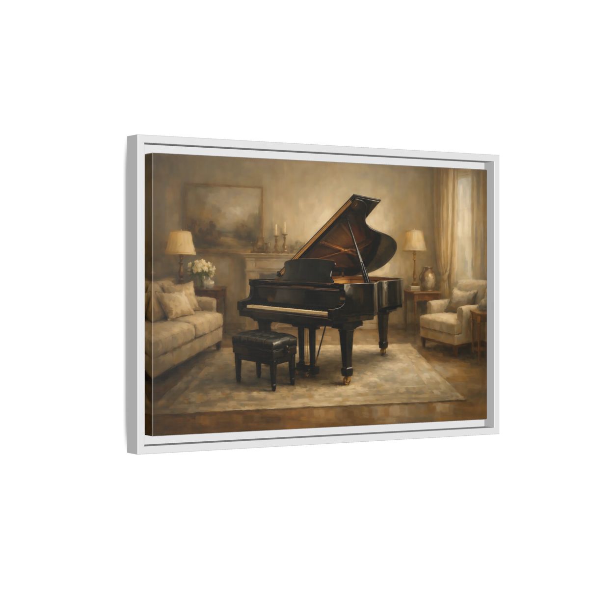 Side Mockup 1. Vintage Grand Piano Brown And Black shown as stretched canvas wall art