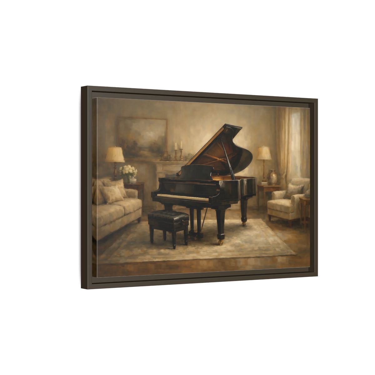 Side Mockup 2. Vintage Grand Piano Brown And Black shown as stretched canvas wall art
