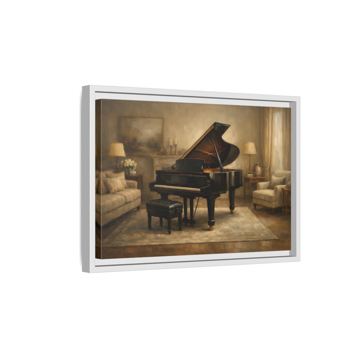 Side Mockup 4. Vintage Grand Piano Brown And Black shown as stretched canvas wall art