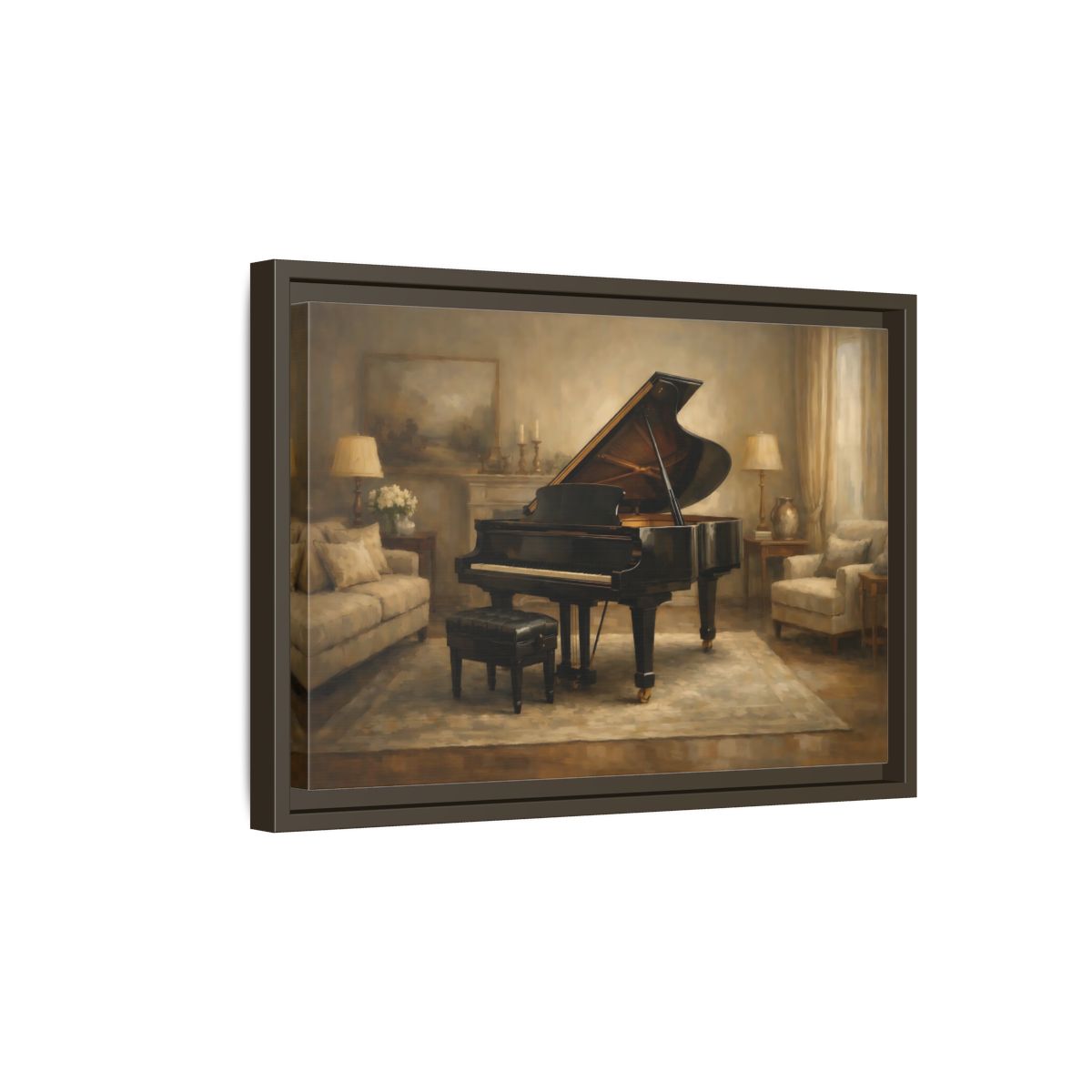 Side Mockup 5. Vintage Grand Piano Brown And Black shown as stretched canvas wall art