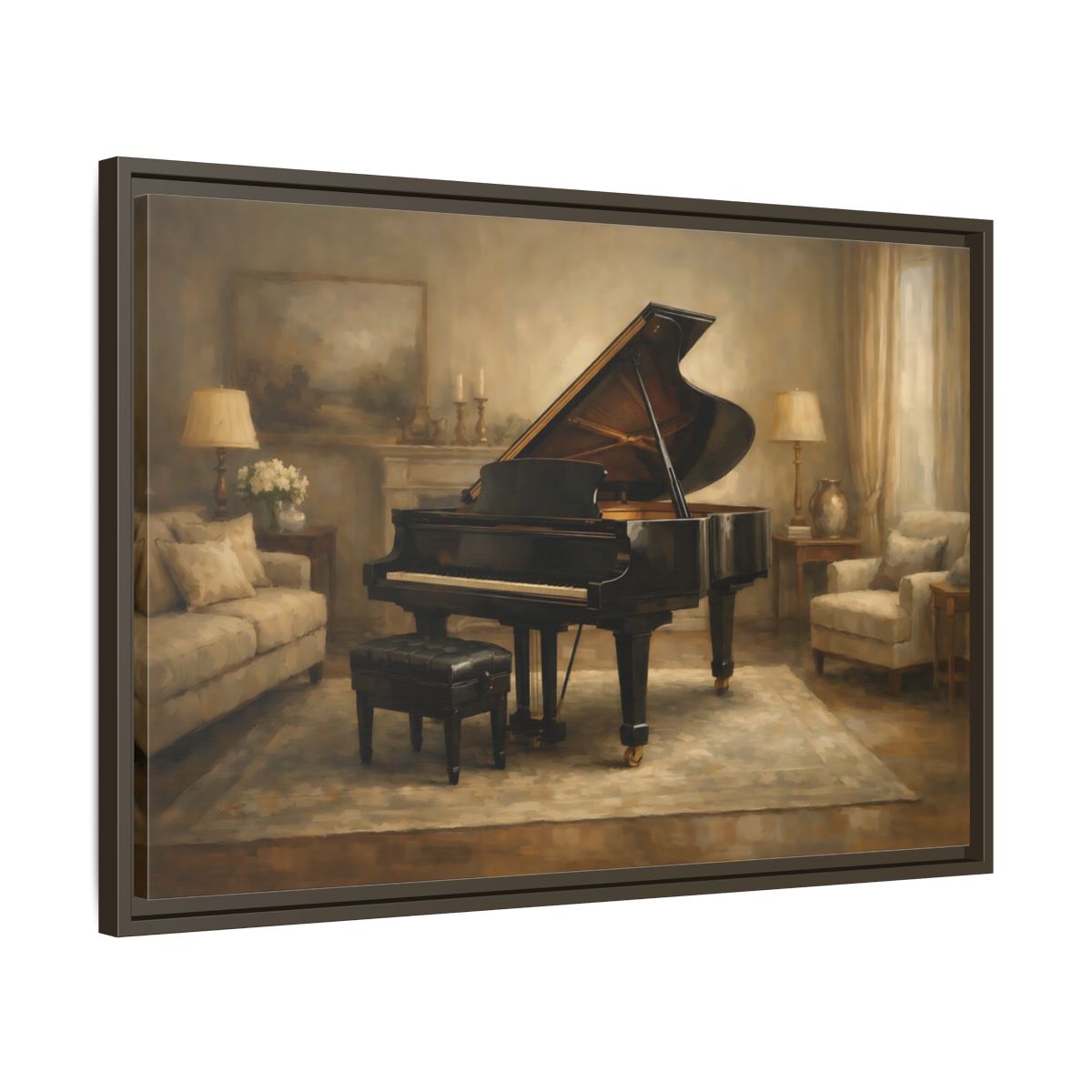 Side Mockup 11. Vintage Grand Piano Brown And Black shown as stretched canvas wall art