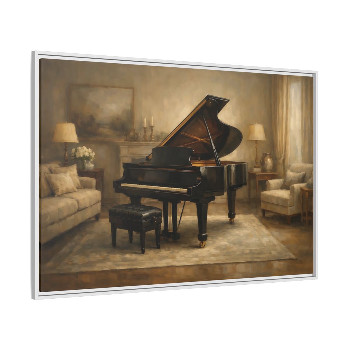 Side Mockup 7. Vintage Grand Piano Brown And Black shown as stretched canvas wall art