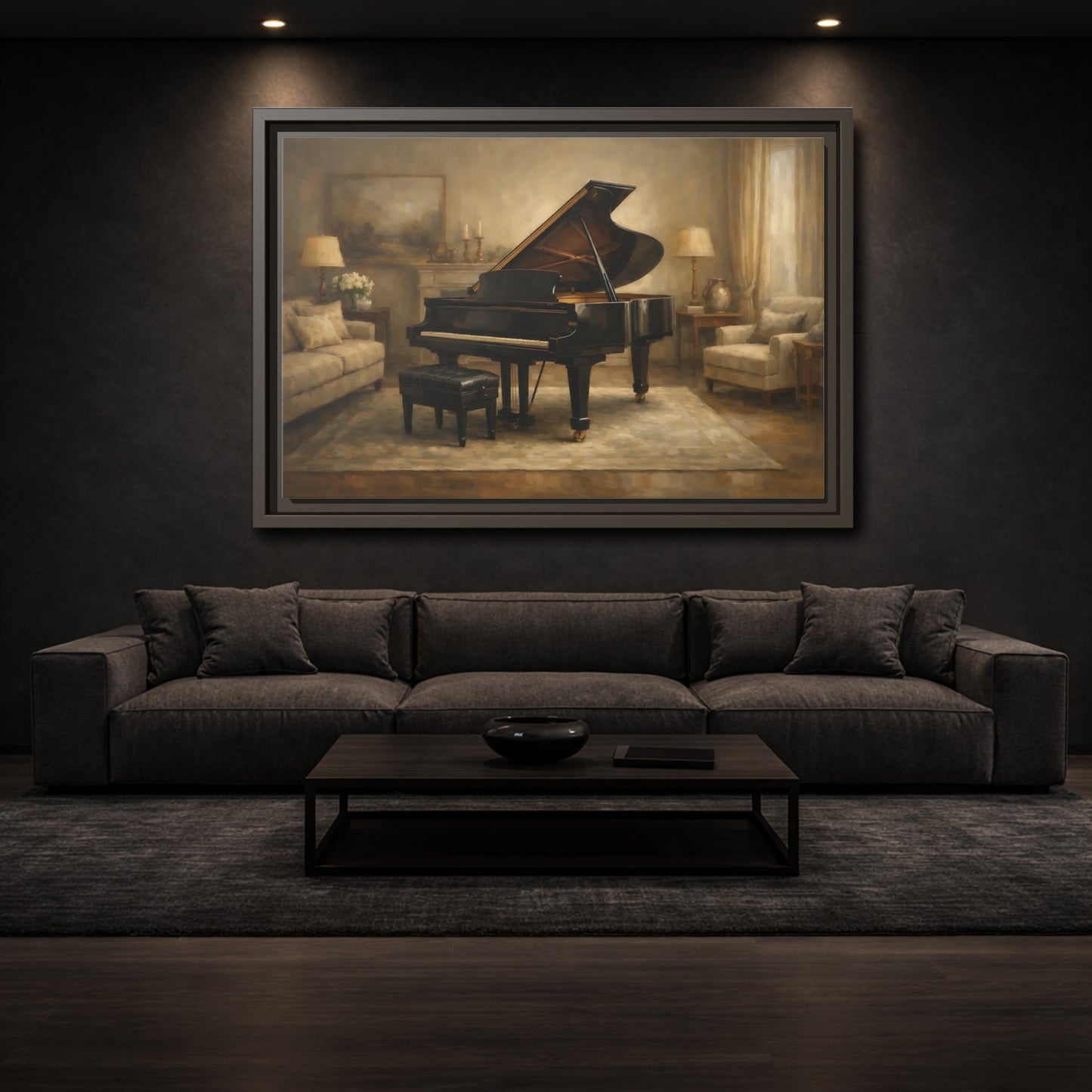 Mockup 2. Vintage Grand Piano Brown And Black shown as stretched canvas wall art
