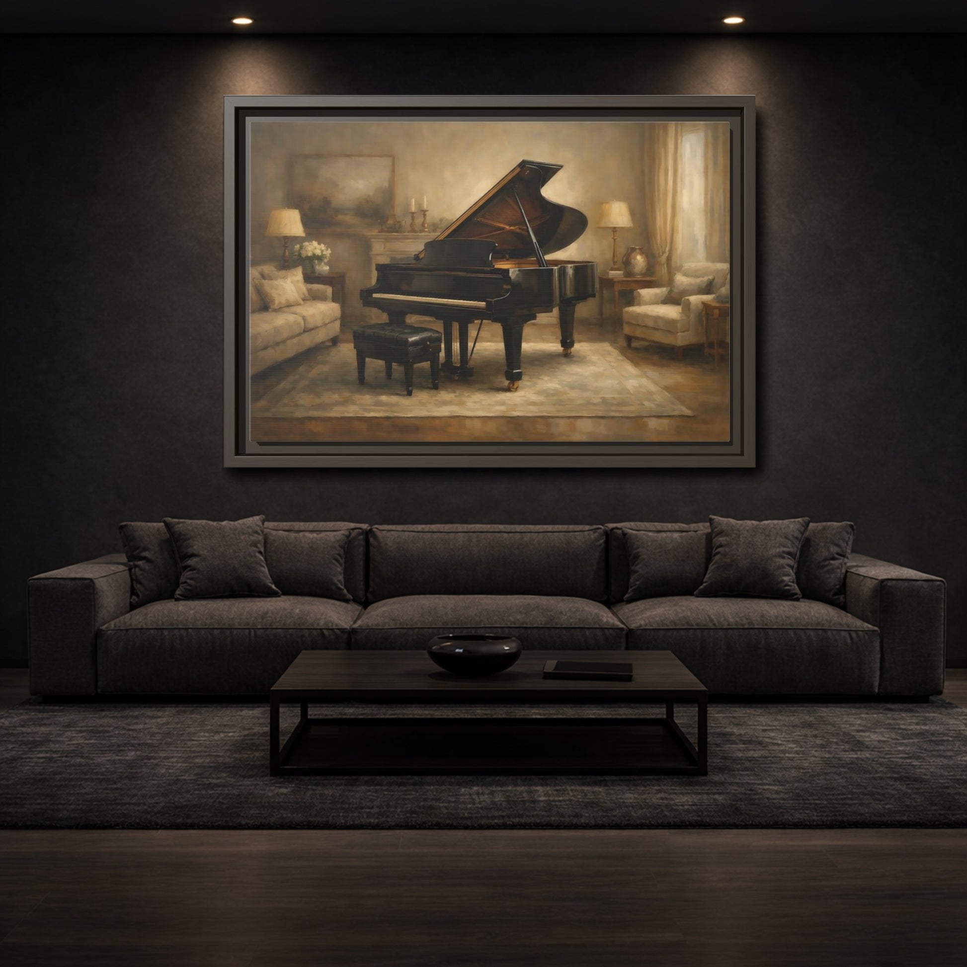 Mockup 2. Vintage Grand Piano Brown And Black shown as stretched canvas wall art