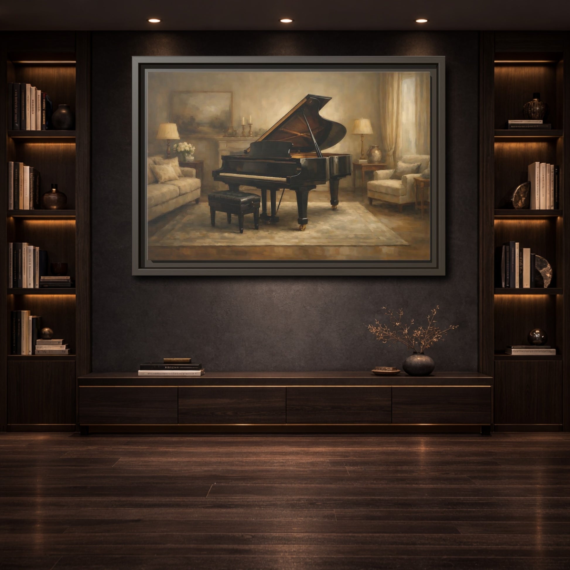 Mockup 3. Vintage Grand Piano Brown And Black shown as stretched canvas wall art