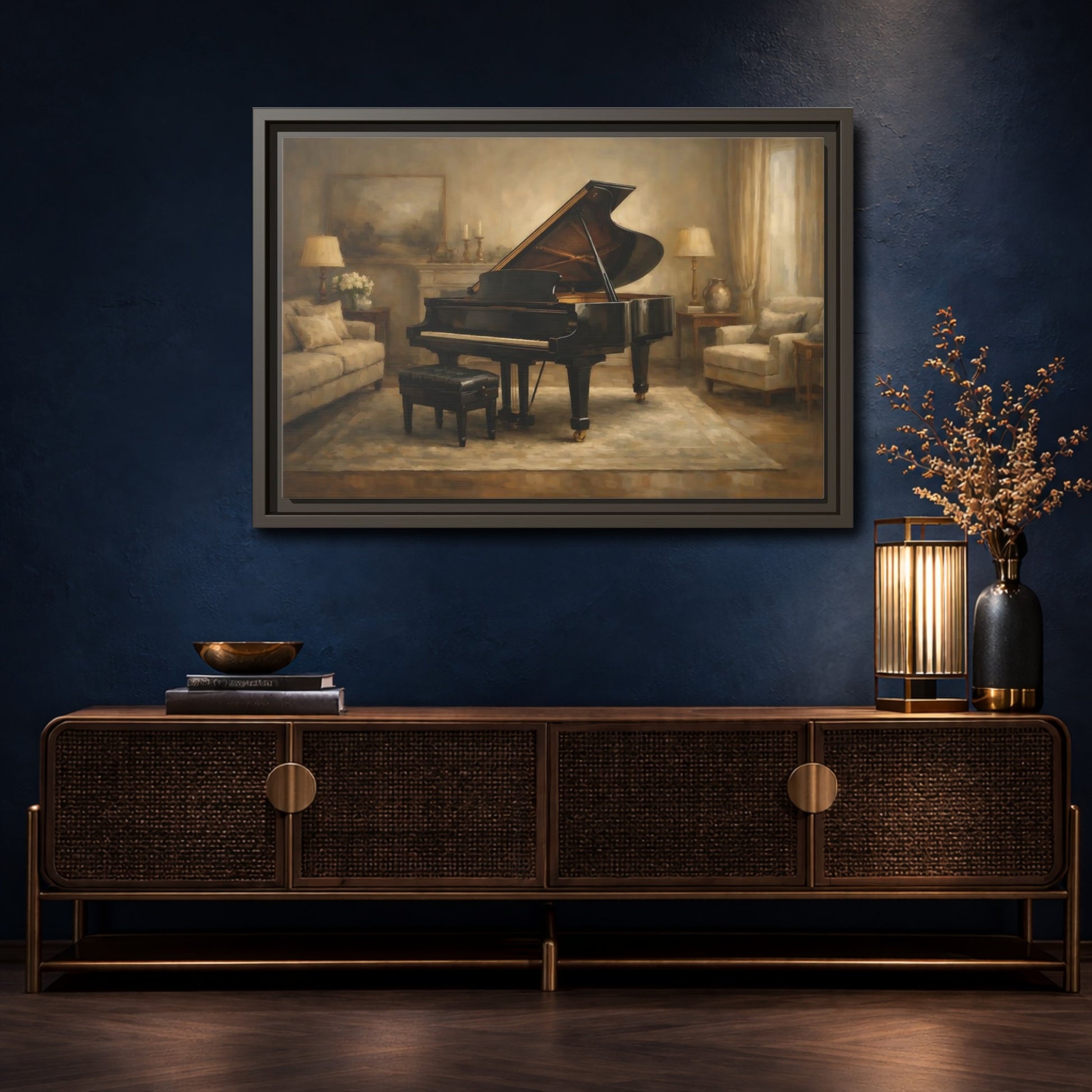 Mockup 4. Vintage Grand Piano Brown And Black shown as stretched canvas wall art