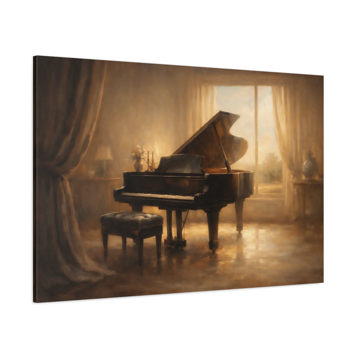 Main Mockup. Vintage Grand Piano Brown And Gold shown as stretched canvas wall art