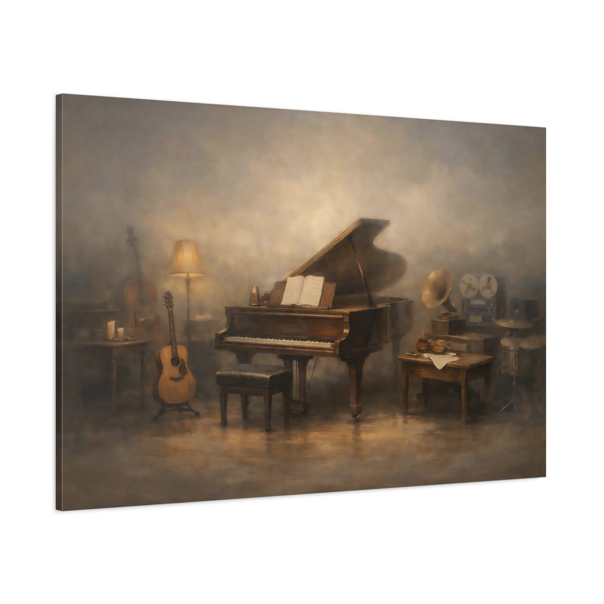 Main Mockup. Vintage Grand Piano Brown And Gold shown as stretched canvas wall art