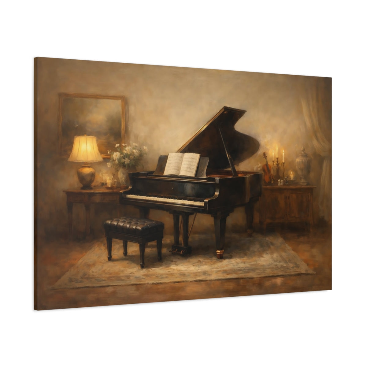 Main Mockup. Vintage Grand Piano Brown And Gold shown as stretched canvas wall art