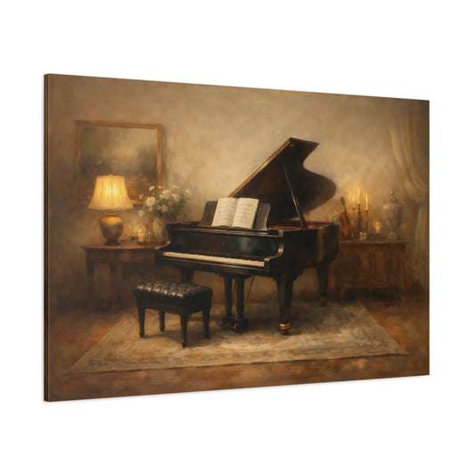 Main Mockup. Vintage Grand Piano Brown And Gold shown as stretched canvas wall art