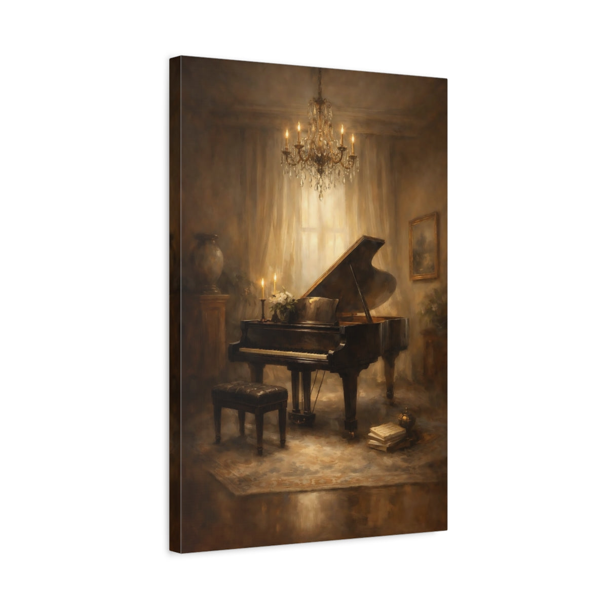Side Mockup 3. Vintage Grand Piano Brown And Gold Piano shown as stretched canvas wall art