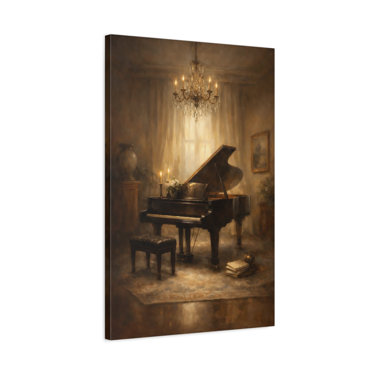 Side Mockup 2. Vintage Grand Piano Brown And Gold Piano shown as stretched canvas wall art