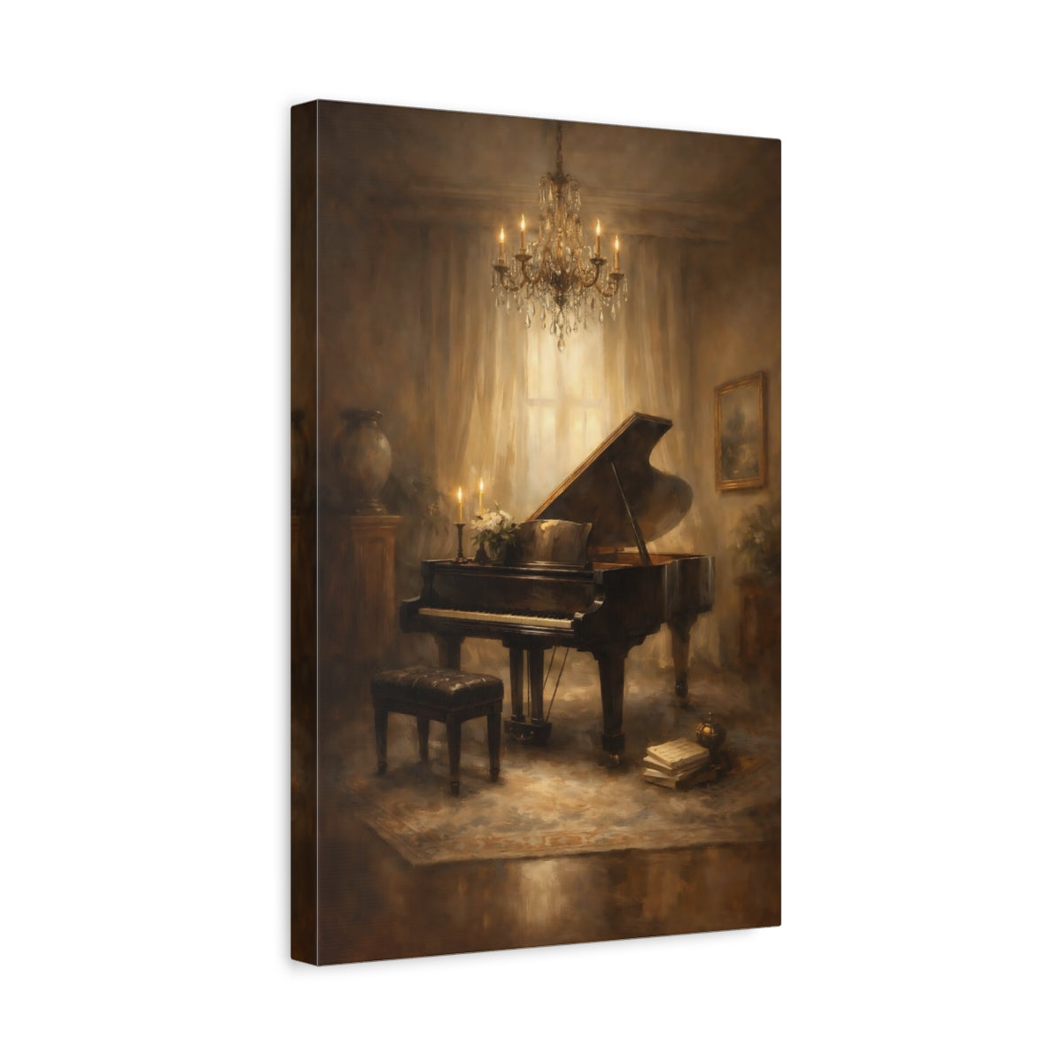 Side Mockup 4. Vintage Grand Piano Brown And Gold Piano shown as stretched canvas wall art