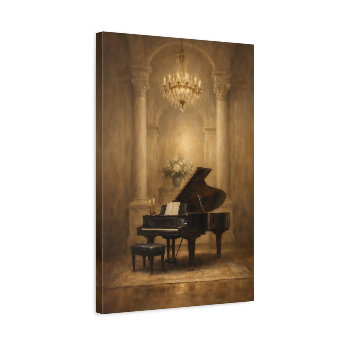 Side Mockup 3. Vintage Grand Piano Brown And Gold shown as stretched canvas wall art