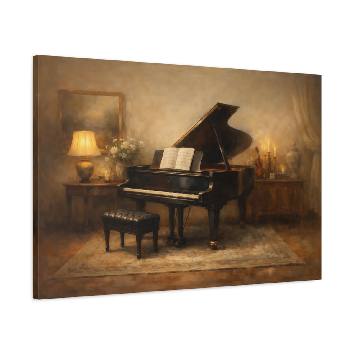 Side Mockup 1. Vintage Grand Piano Brown And Gold shown as stretched canvas wall art