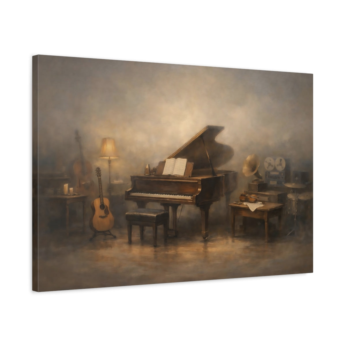 Side Mockup 2. Vintage Grand Piano Brown And Gold shown as stretched canvas wall art