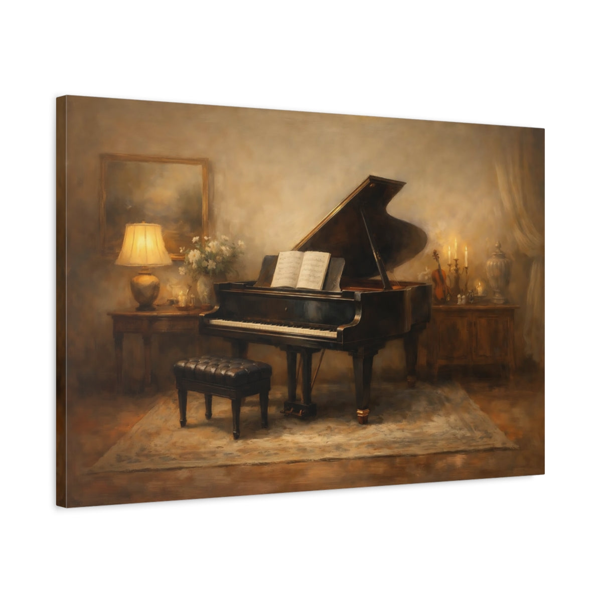Side Mockup 2. Vintage Grand Piano Brown And Gold shown as stretched canvas wall art