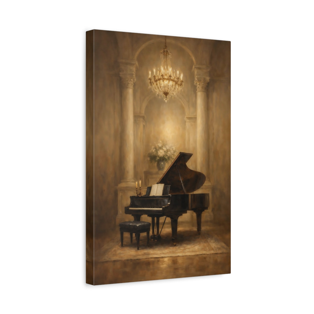 Side Mockup 4. Vintage Grand Piano Brown And Gold shown as stretched canvas wall art