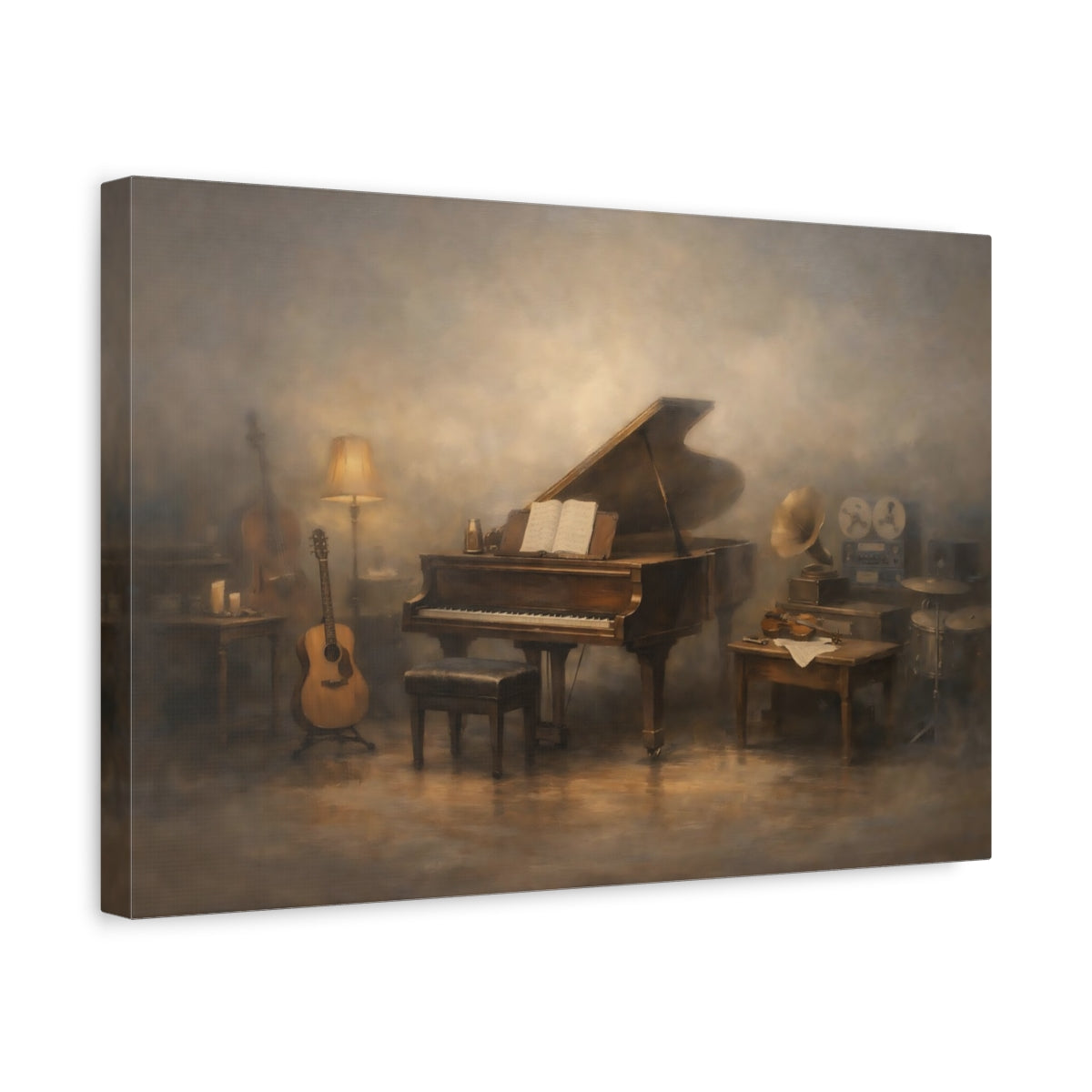 Side Mockup 4. Vintage Grand Piano Brown And Gold shown as stretched canvas wall art