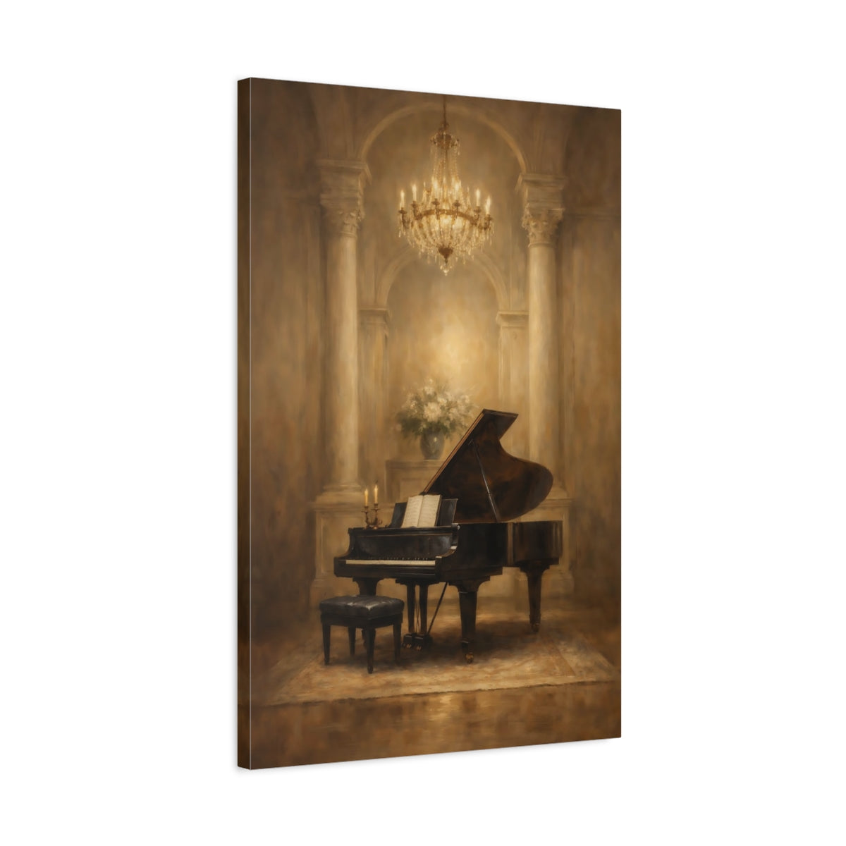 Side Mockup 2. Vintage Grand Piano Brown And Gold shown as stretched canvas wall art