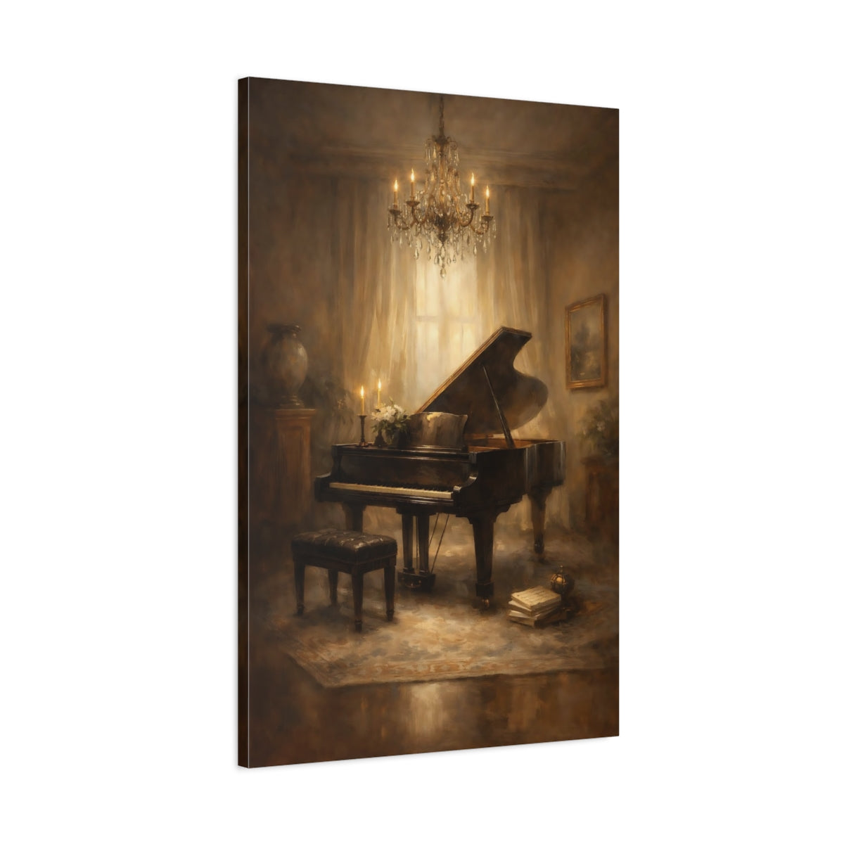 Side Mockup 1. Vintage Grand Piano Brown And Gold Piano shown as stretched canvas wall art