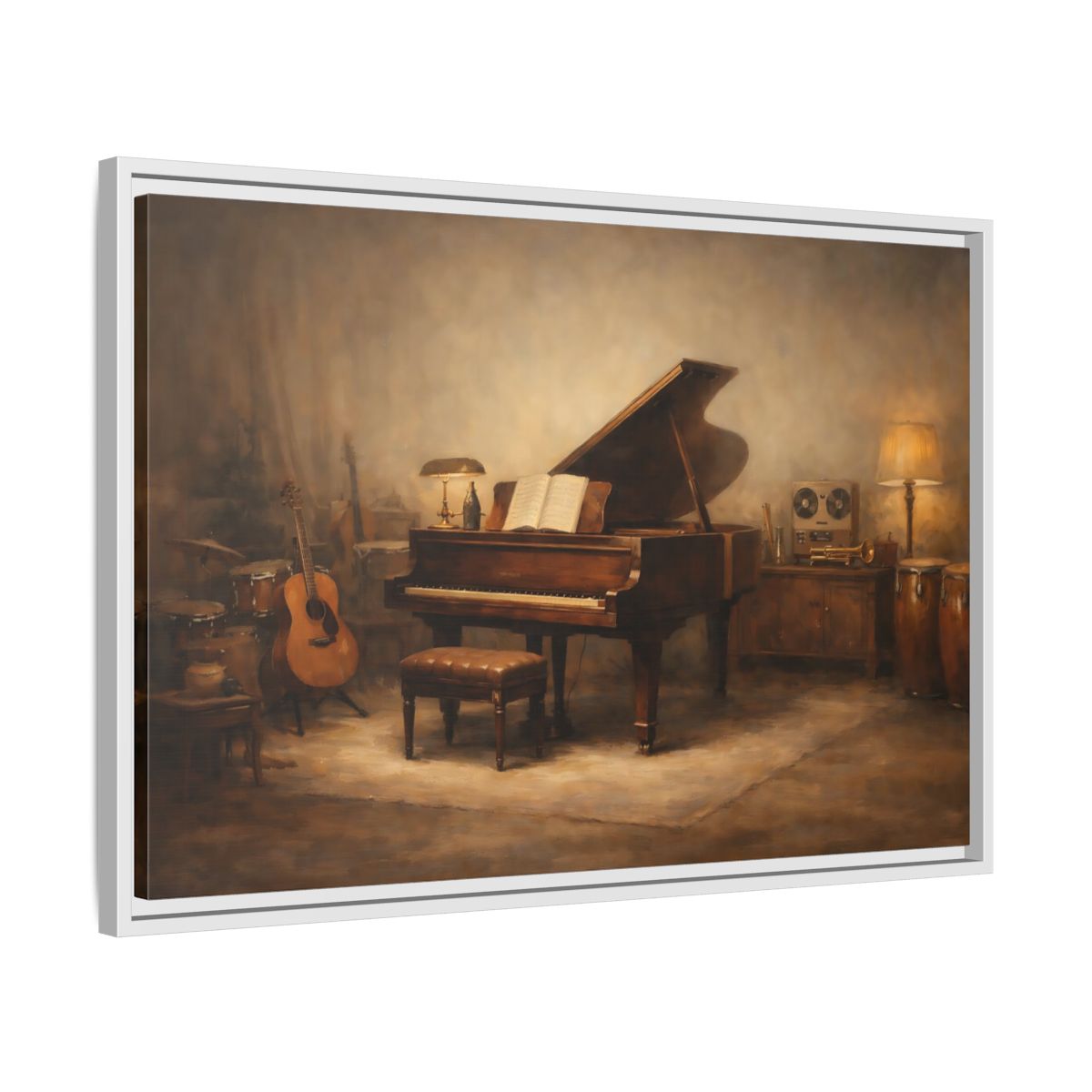 Side Mockup 10. Vintage Grand Piano Brown And Gold Music shown as stretched canvas wall art