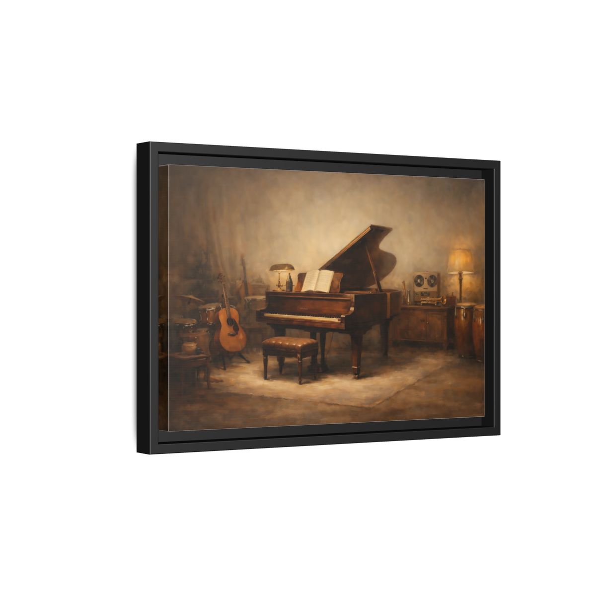 Side Mockup 6. Vintage Grand Piano Brown And Gold Music shown as stretched canvas wall art