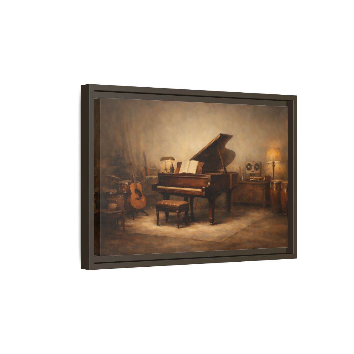 Side Mockup 5. Vintage Grand Piano Brown And Gold Music shown as stretched canvas wall art