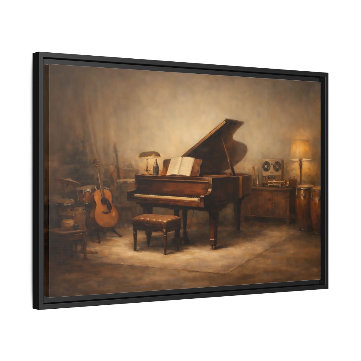 Side Mockup 14. Vintage Grand Piano Brown And Gold Music shown as stretched canvas wall art