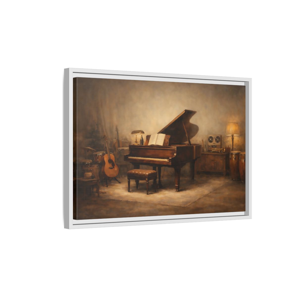 Side Mockup 1. Vintage Grand Piano Brown And Gold Music shown as stretched canvas wall art