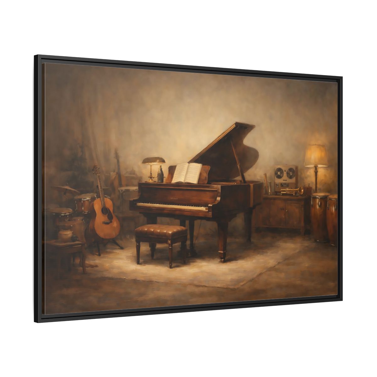 Side Mockup 12. Vintage Grand Piano Brown And Gold Music shown as stretched canvas wall art