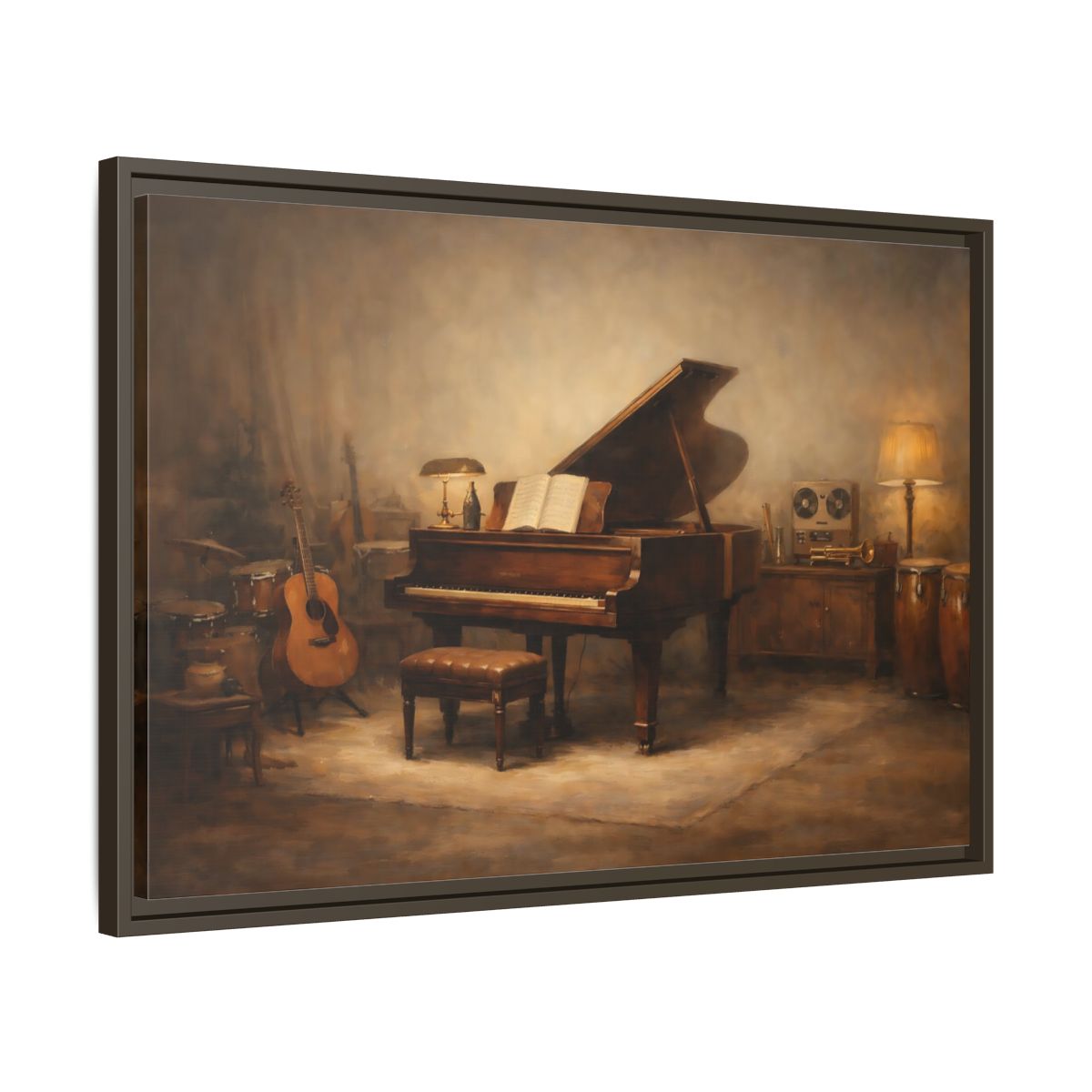 Side Mockup 11. Vintage Grand Piano Brown And Gold Music shown as stretched canvas wall art